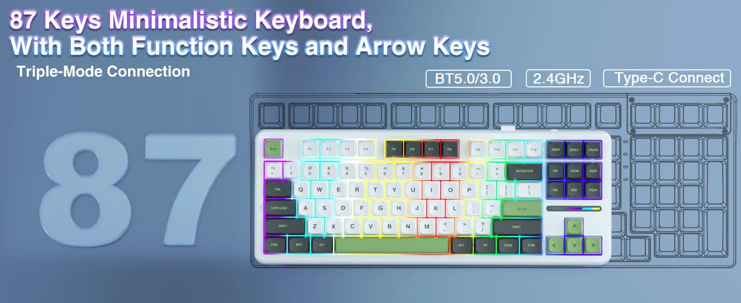 AULA F87 Wireless Trio Mode Mechanical Gaming Keyboard | 3 in One Gasket Hot Swappable Gray Wood V3 Switch Keyboard | RGB Backlit Gaming Keyboard | 2.4GHz/Type-C/Bluetooth Mechanical Keyboard (Green + White – Gray Wood Switch V3) overview 3