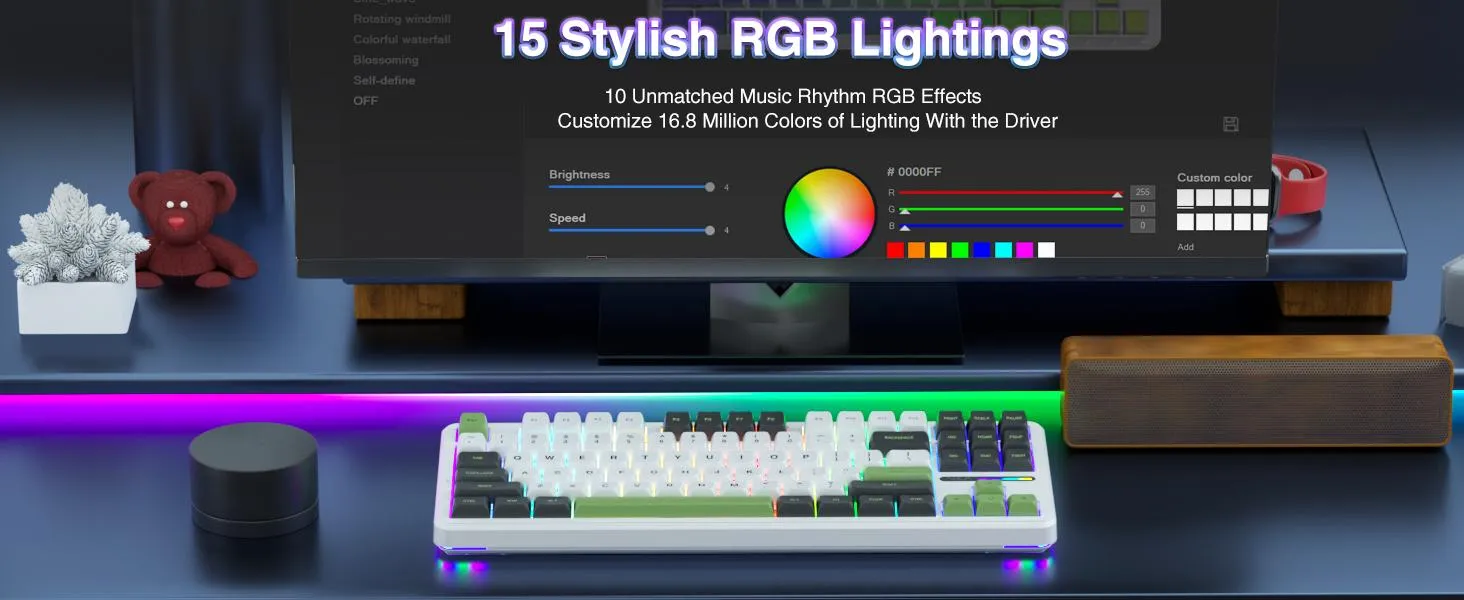 AULA F87 Wireless Trio Mode Mechanical Gaming Keyboard | 3 in One Gasket Hot Swappable Gray Wood V3 Switch Keyboard | RGB Backlit Gaming Keyboard | 2.4GHz/Type-C/Bluetooth Mechanical Keyboard (Green + White – Gray Wood Switch V3) overview 6