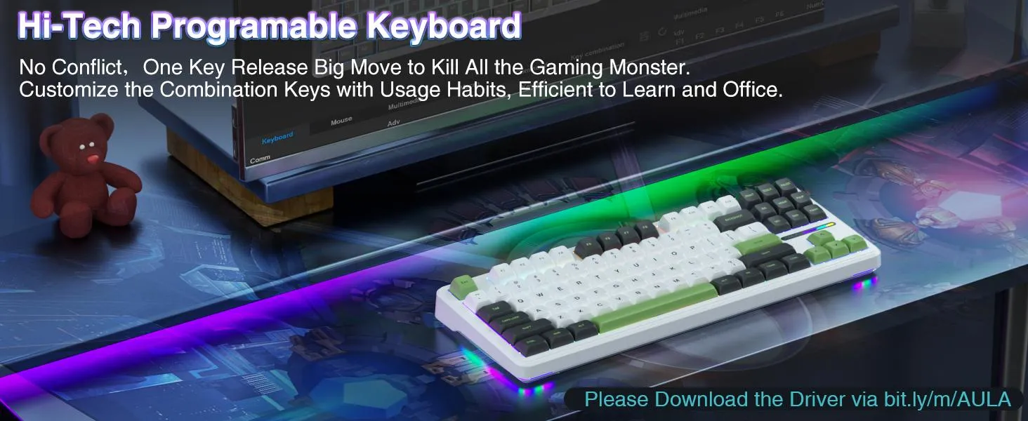 AULA F87 Wireless Trio Mode Mechanical Gaming Keyboard | 3 in One Gasket Hot Swappable Gray Wood V3 Switch Keyboard | RGB Backlit Gaming Keyboard | 2.4GHz/Type-C/Bluetooth Mechanical Keyboard (Green + White – Gray Wood Switch V3) overview 8