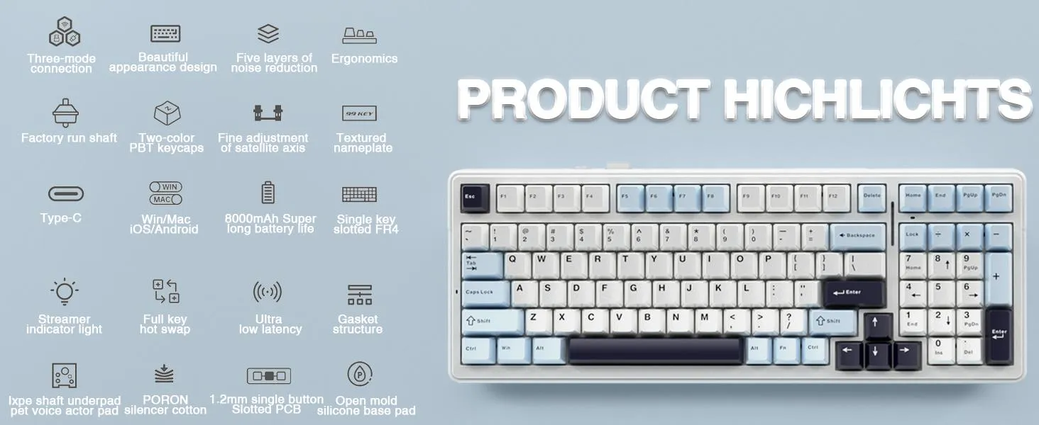 AULA F99 3 in 1 Hot Swappable RGB Gasket Mechanical Keyboard (Ice Blue, Reaper Switch) overview 1