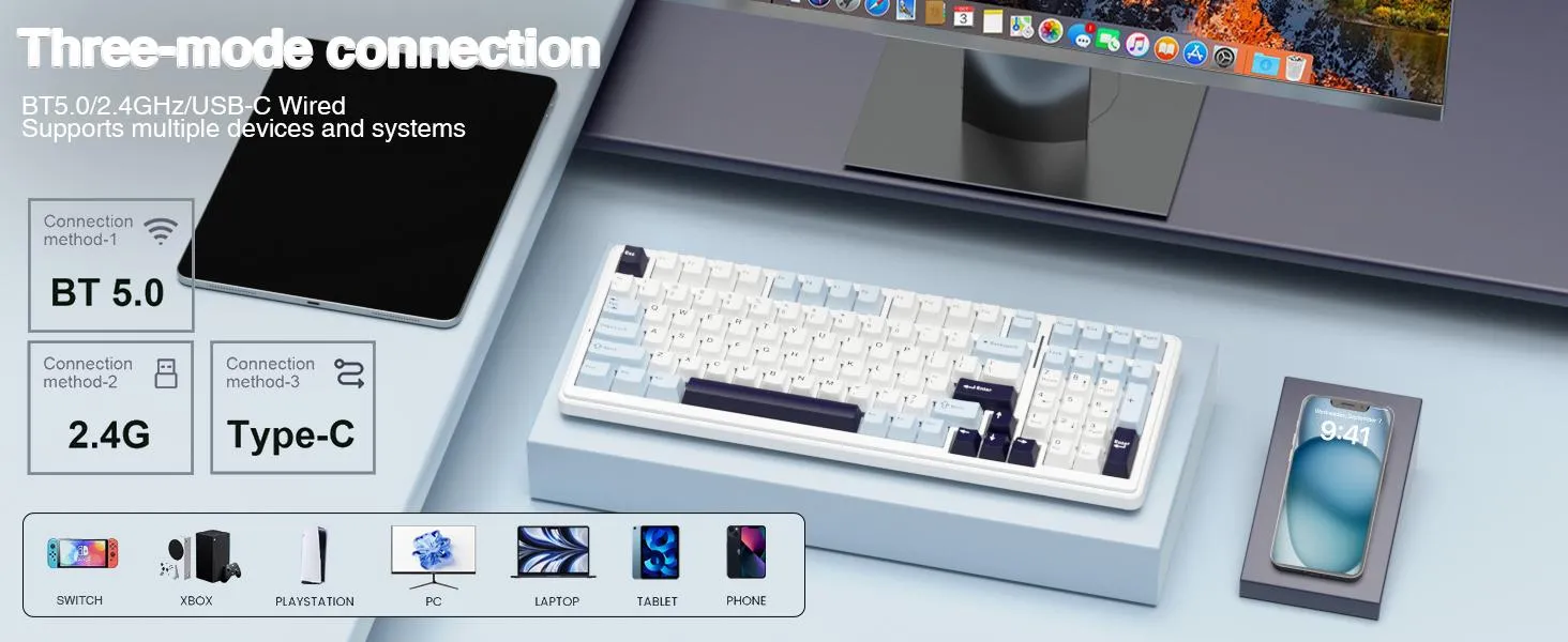 AULA F99 3 in 1 Hot Swappable RGB Gasket Mechanical Keyboard (Ice Blue, Reaper Switch) overview 2