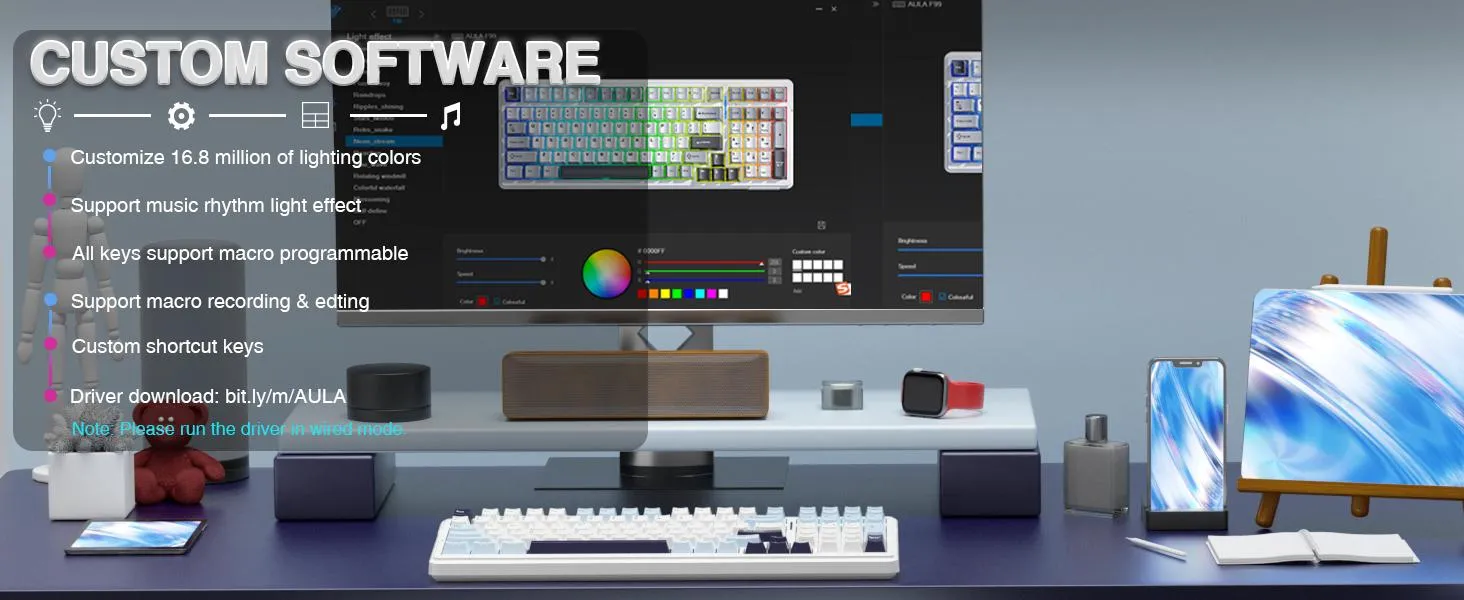 AULA F99 3 in 1 Hot Swappable RGB Gasket Mechanical Keyboard (Ice Blue, Reaper Switch) overview 5
