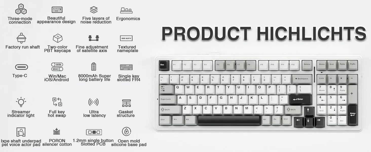AULA F99 3 in 1 Hot Swappable RGB Gasket Wireless Mechanical Keyboard (Gray+White, Gray wood Switch) overview 1