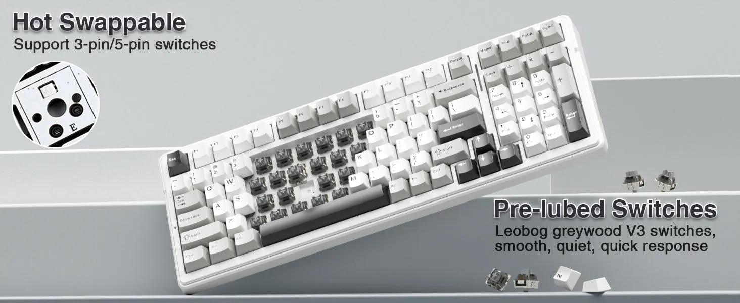 AULA F99 3 in 1 Hot Swappable RGB Gasket Wireless Mechanical Keyboard (Gray+White, Gray wood Switch) overview 4