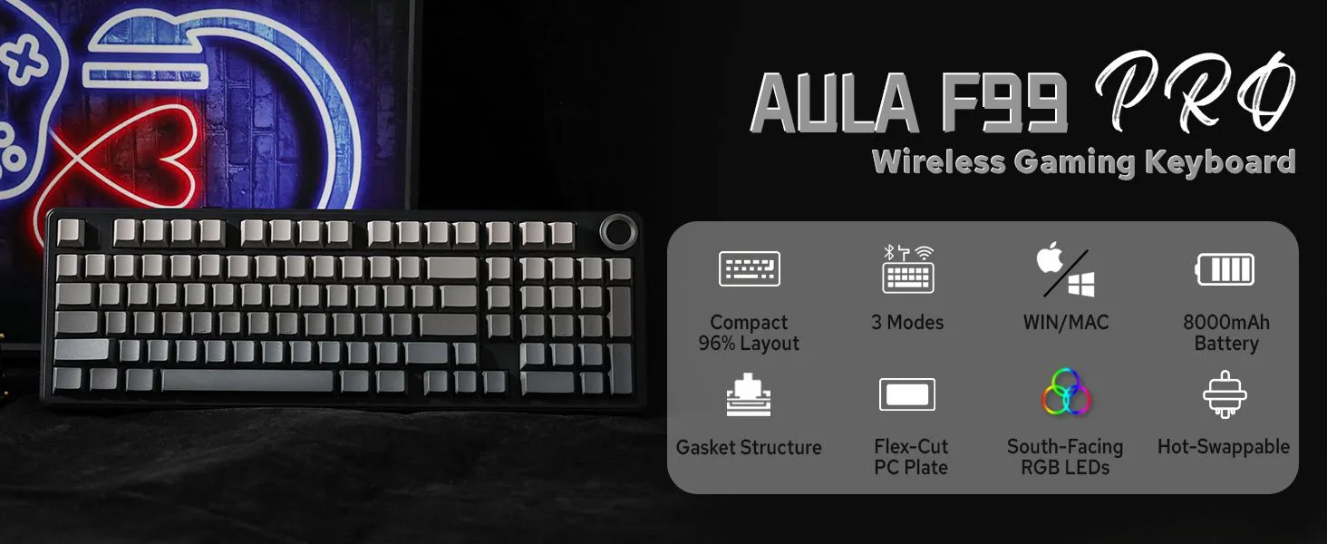 AULA F99 Pro Wireless Mechanical Keyboard,Tri-Mode BT5.0/2.4GHz/USB-C Hot Swappable, Pre-lubed Linear Switches,Gasket Structure,RGB Gaming Keyboard (Side Engraved+Gradient Gray - Nimbus Switch) overview 1