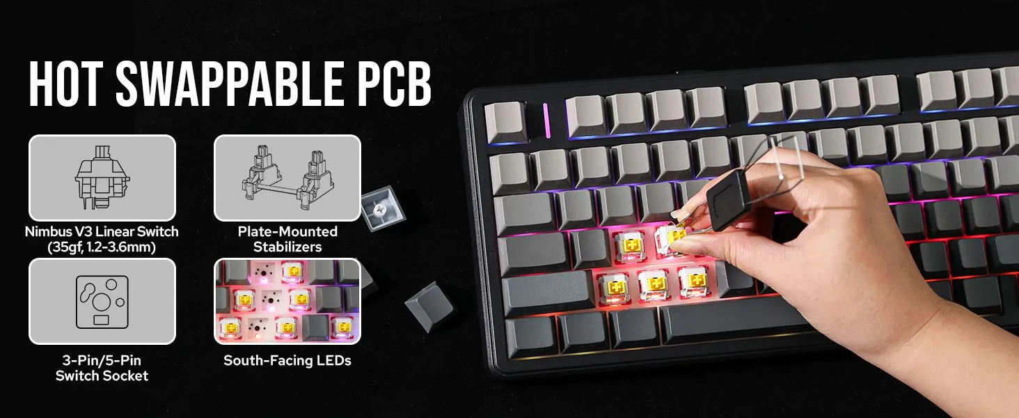 AULA F99 Pro Wireless Mechanical Keyboard,Tri-Mode BT5.0/2.4GHz/USB-C Hot Swappable, Pre-lubed Linear Switches,Gasket Structure,RGB Gaming Keyboard (Side Engraved+Gradient Gray - Nimbus Switch) overview 9
