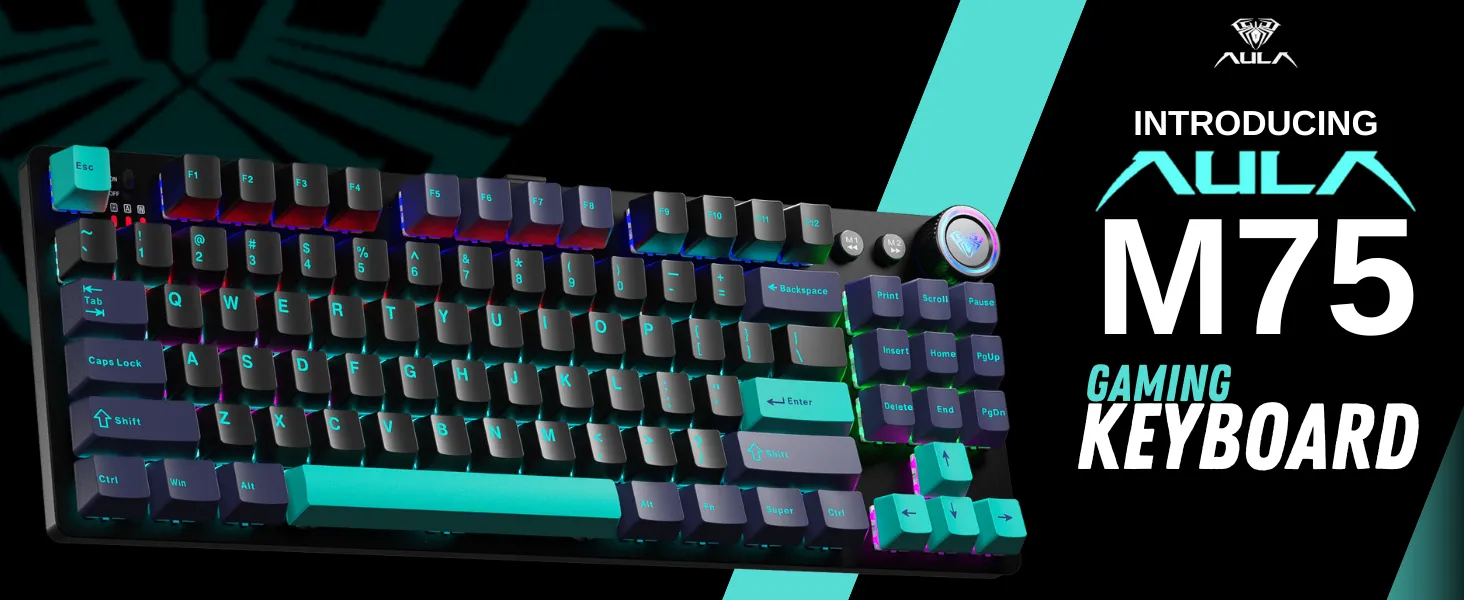 AULA M75 Tri-Mode (2.4G/Bluetooth/Wired) Wired Mechanical Gaming Keyboard (Blue+Black+Green) overview 1