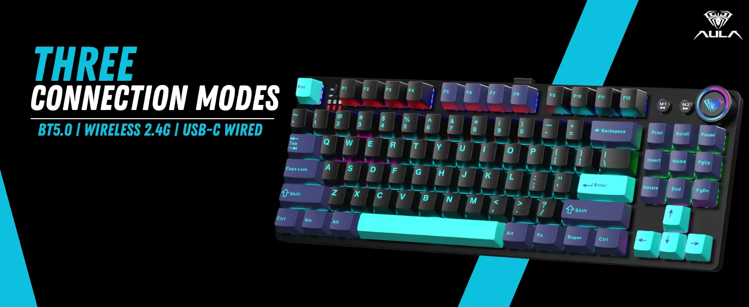 AULA M75 Tri-Mode (2.4G/Bluetooth/Wired) Wired Mechanical Gaming Keyboard (Blue+Black+Green) overview 6