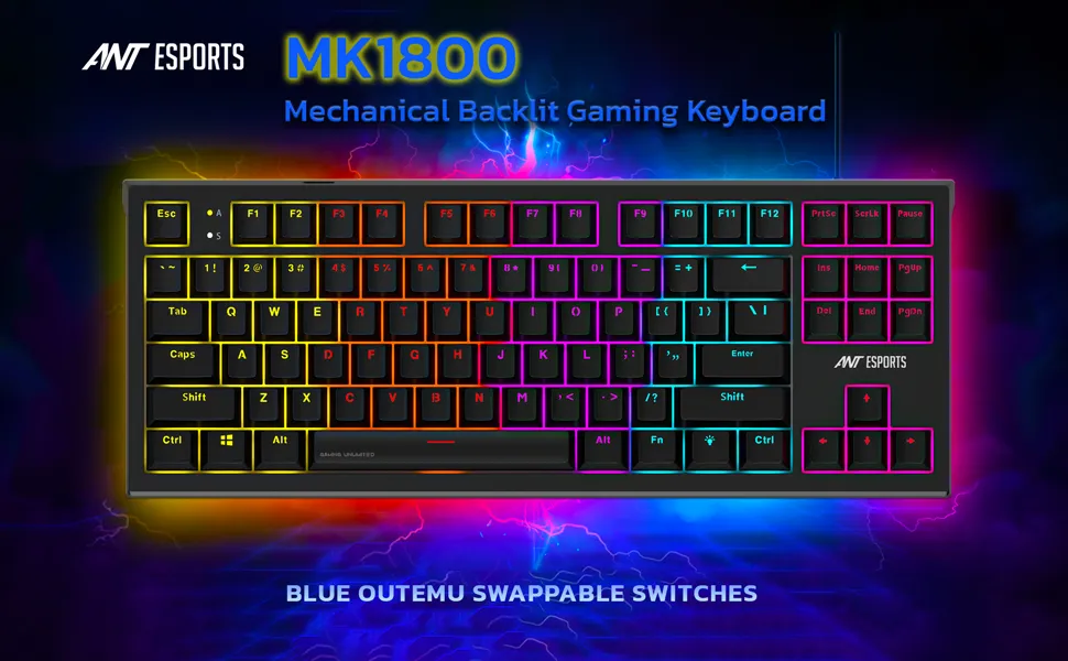 Ant Esports MK1850 Mechanical Blacklit Gaming Keyboard with Red Switches (Black) overview 1