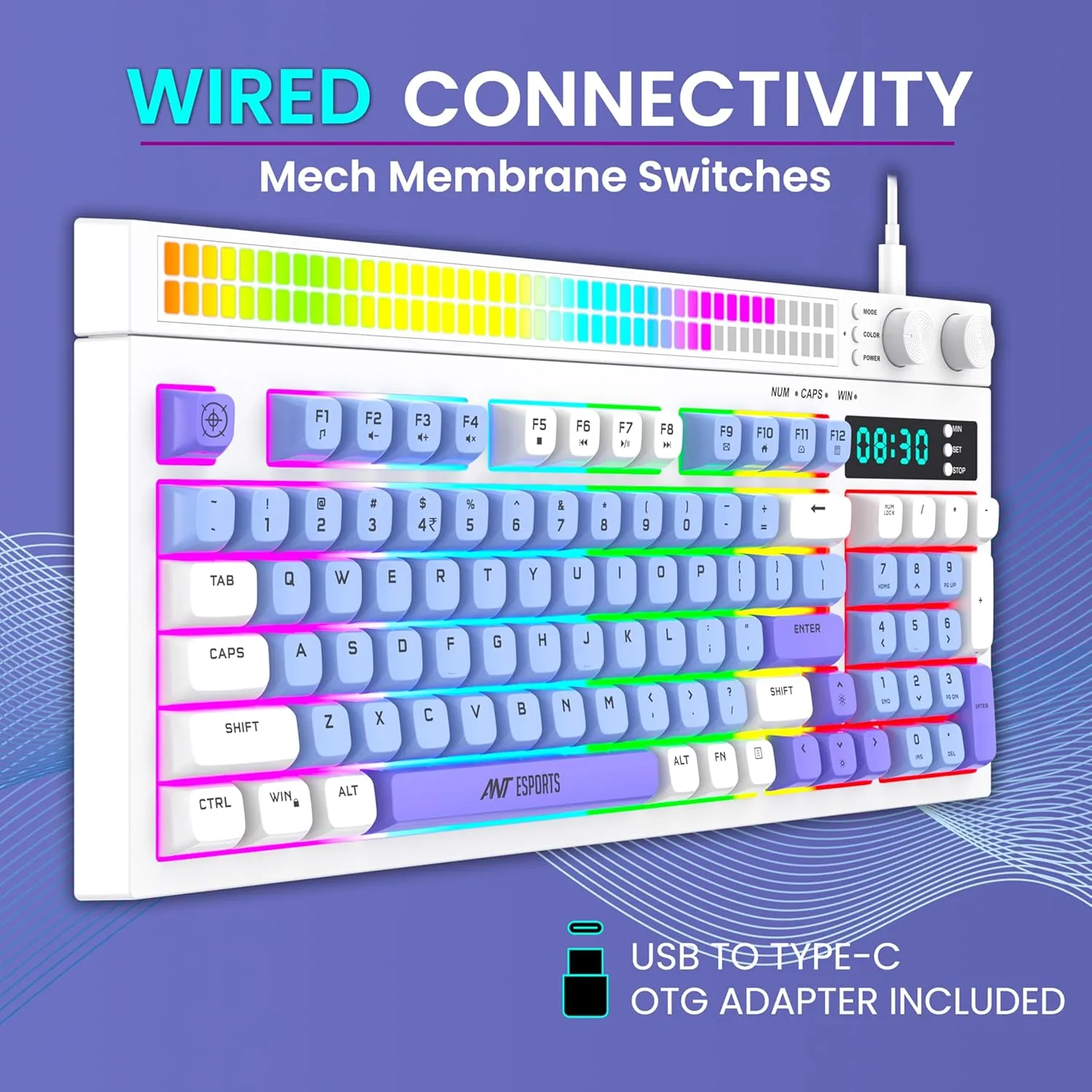 Ant Esports MK1900 RGB Wired Gaming Keyboard with Volume Knob & Alarm Clock (White) overview 1