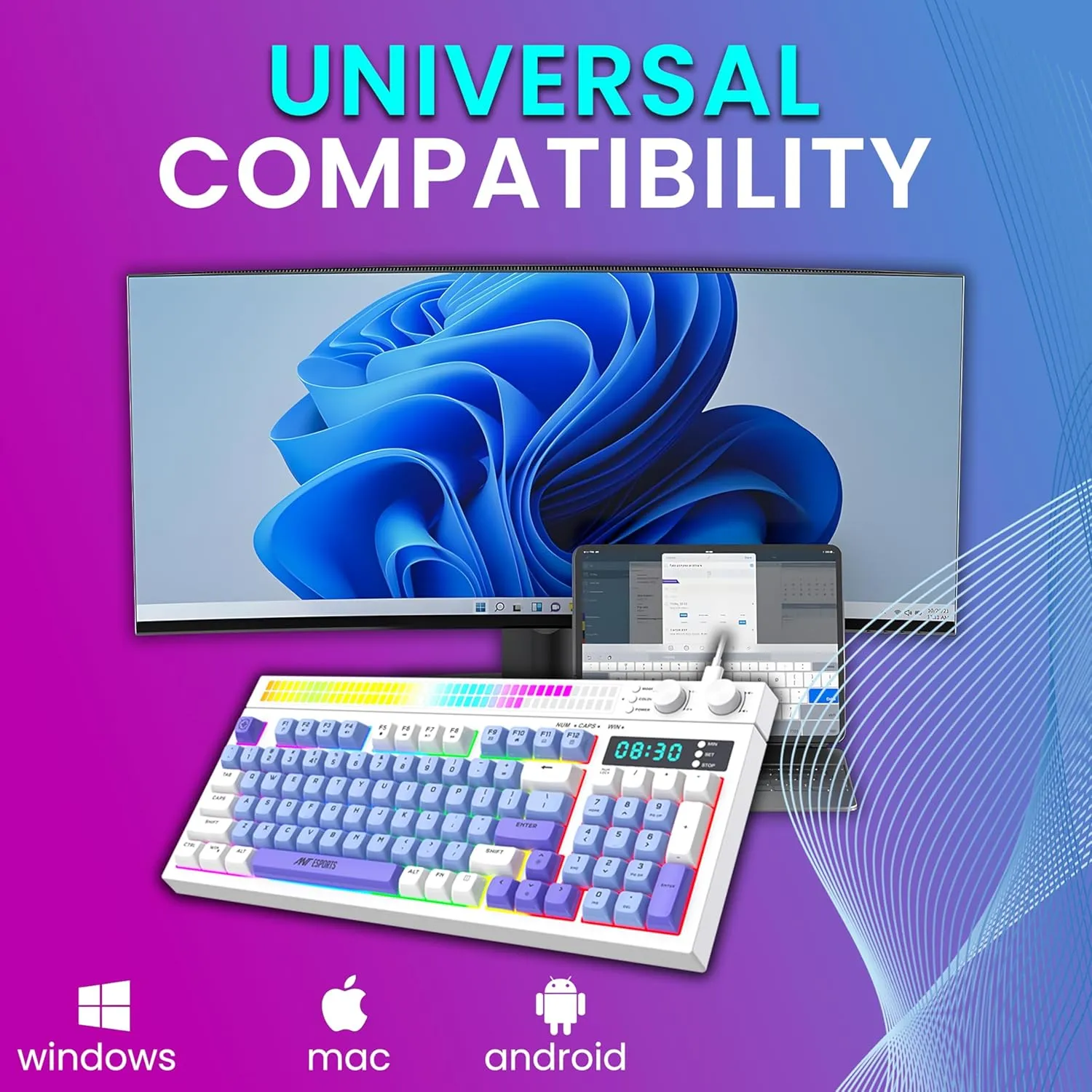 Ant Esports MK1900 RGB Wired Gaming Keyboard with Volume Knob & Alarm Clock (White) overview 4