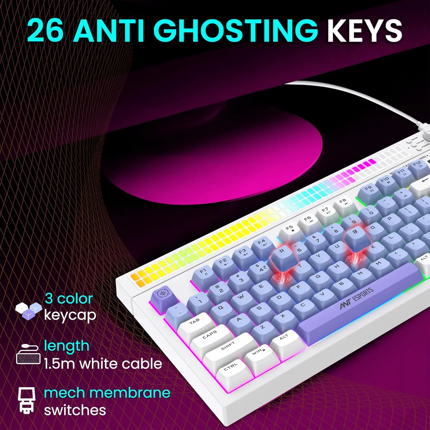 Ant Esports MK1900 RGB Wired Gaming Keyboard with Volume Knob & Alarm Clock (White) overview 5