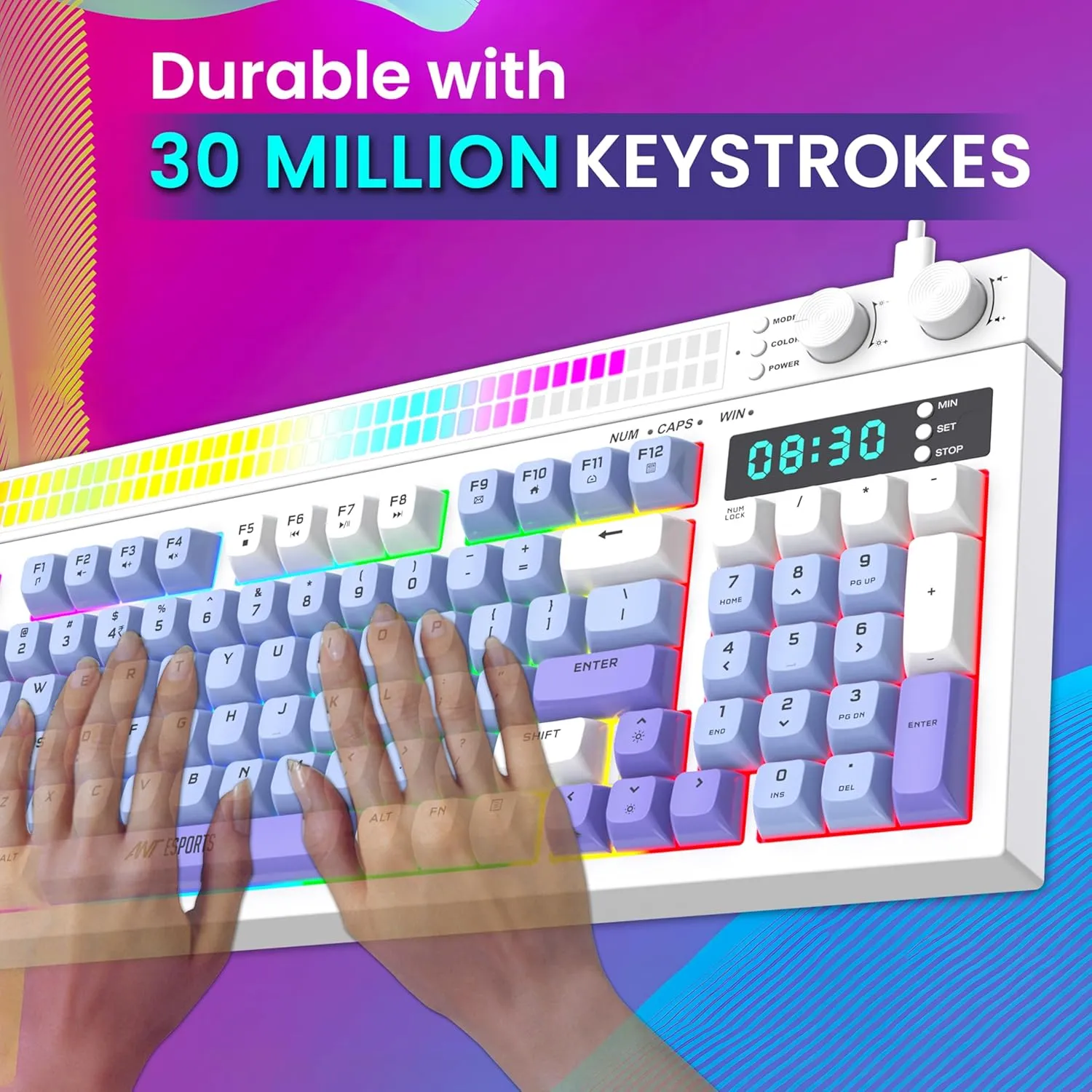 Ant Esports MK1900 RGB Wired Gaming Keyboard with Volume Knob & Alarm Clock (White) overview 8