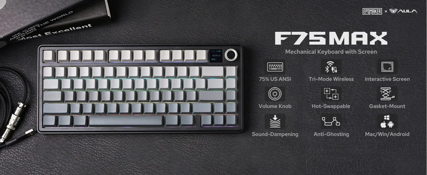 Aula F75 MAX Side-Engraved Keycaps Wireless 3 in 1 Mechanical Gaming Keyboard with Screen and Knob, for PC/Mac/Linux | Gradient Gray, Reaper Switch (F75MaxGrR) overview 1