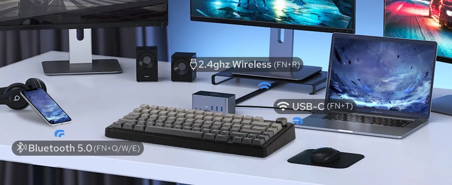 Aula F75 MAX Side-Engraved Keycaps Wireless 3 in 1 Mechanical Gaming Keyboard with Screen and Knob, for PC/Mac/Linux | Gradient Gray, Reaper Switch (F75MaxGrR) overview 3