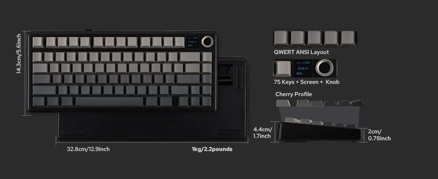 Aula F75 MAX Side-Engraved Keycaps Wireless 3 in 1 Mechanical Gaming Keyboard with Screen and Knob, for PC/Mac/Linux | Gradient Gray, Reaper Switch (F75MaxGrR) overview 9