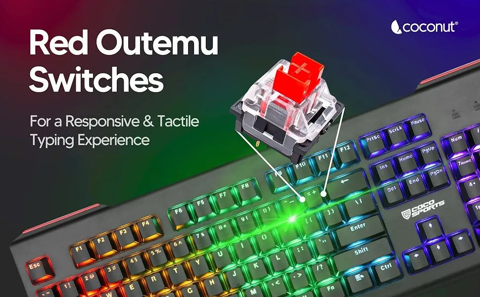 Coconut Storm Mechanical 104 Keys Wired Gaming Keyboard, Rainbow Backlighting, All Anti-Ghosting Keys (Black) overview 2