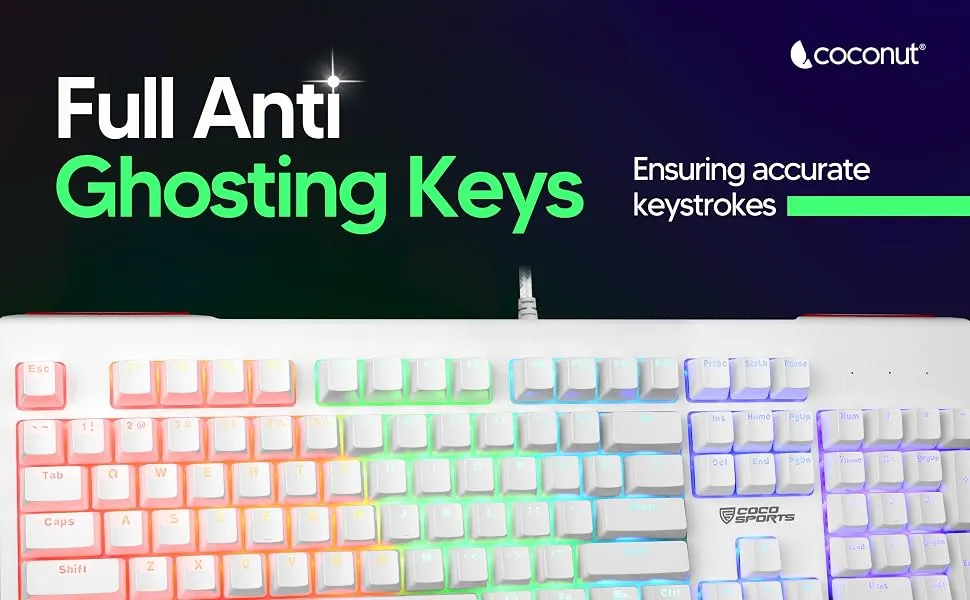 Coconut Storm Mechanical 104 Keys Wired Gaming Keyboard, Rainbow Backlighting, All Anti-Ghosting Keys (Black) overview 3