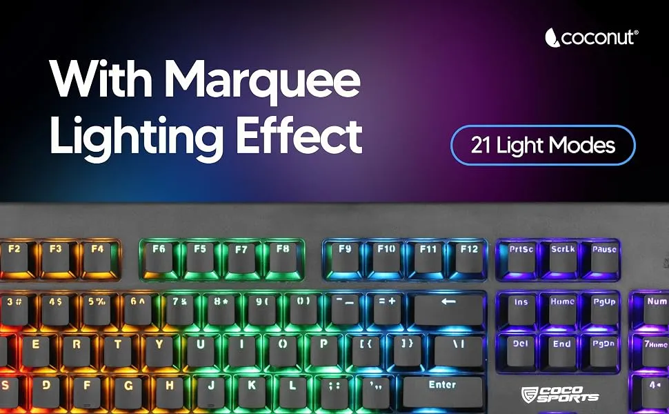 Coconut Storm Mechanical 104 Keys Wired Gaming Keyboard, Rainbow Backlighting, All Anti-Ghosting Keys (Black) overview 4
