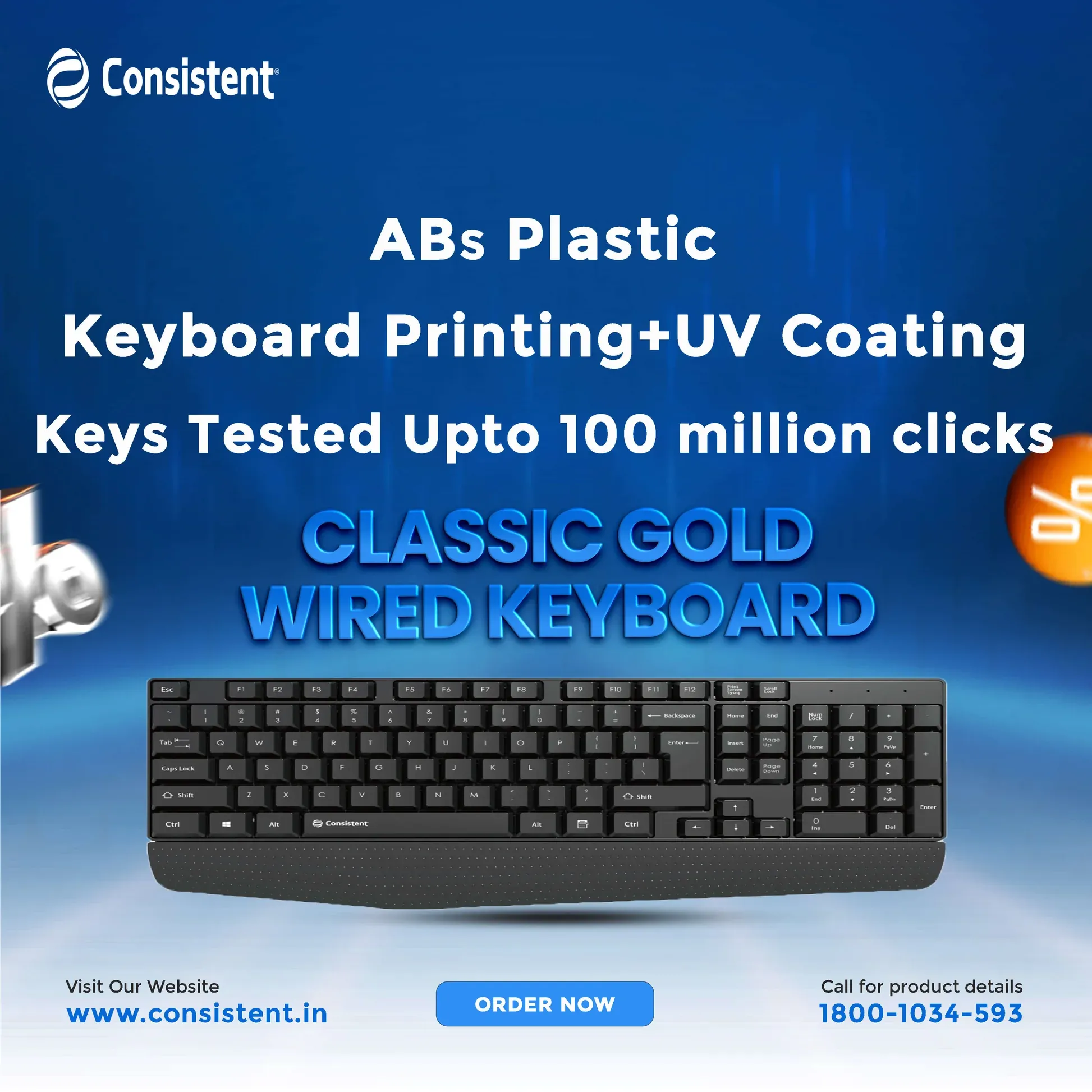 Consistent Classic Gold Wired Keyboard (SK102) with 2.4 GHz USB Receiver, 10m Working Range, 12 Shortcut Keys, Adjustable DPI (Black) overview 1