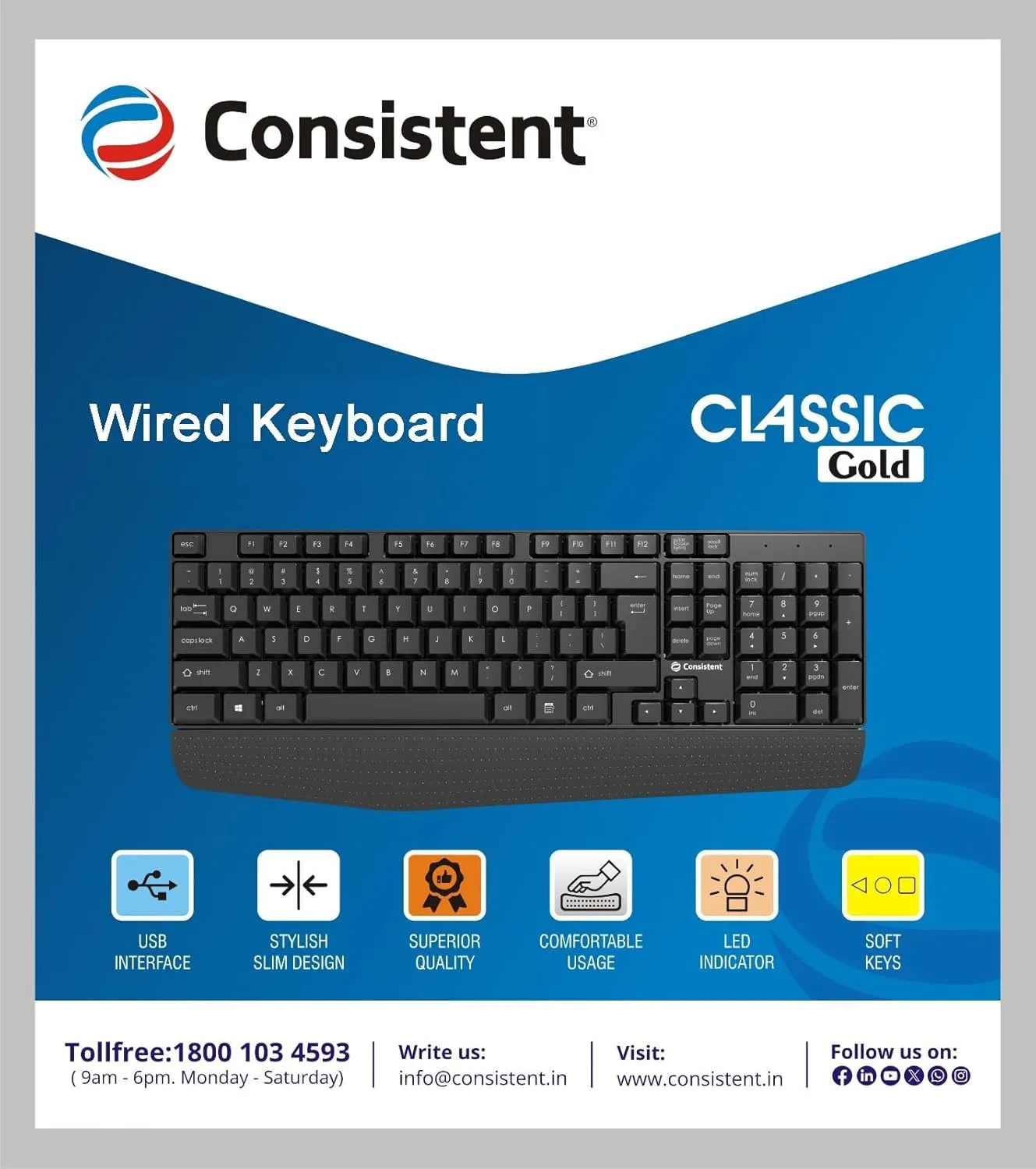 Consistent Classic Gold Wired Keyboard (SK102) with 2.4 GHz USB Receiver, 10m Working Range, 12 Shortcut Keys, Adjustable DPI (Black) overview 2