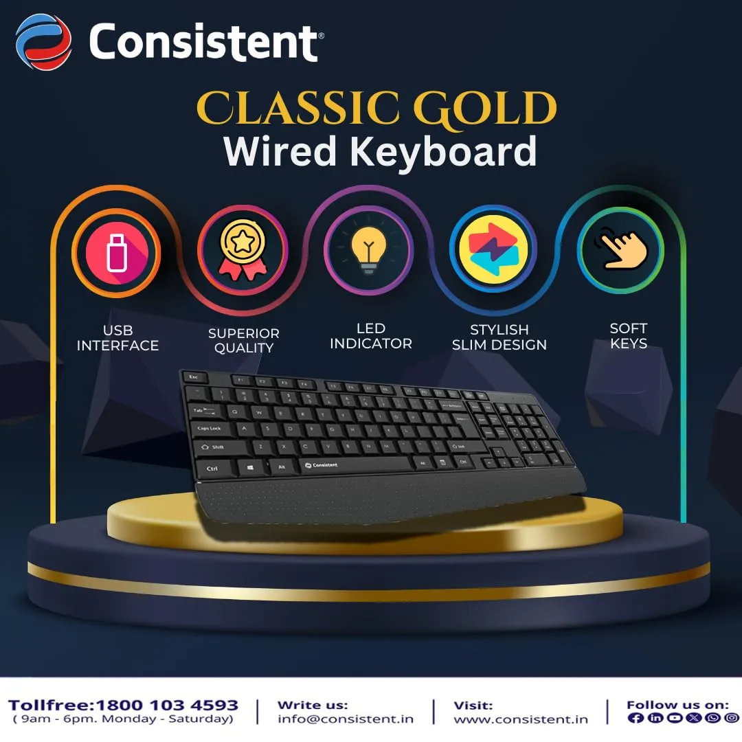 Consistent Classic Gold Wired Keyboard (SK102) with 2.4 GHz USB Receiver, 10m Working Range, 12 Shortcut Keys, Adjustable DPI (Black) overview 3