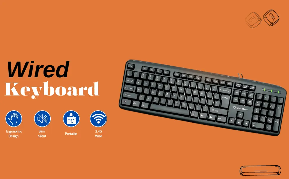 Consistent Classic Silver Wired Keyboard (SK101) for Windows, USB Plug-and-Play, Full-Size, Spill-Resistant, Curved Space Bar(Black) overview 2