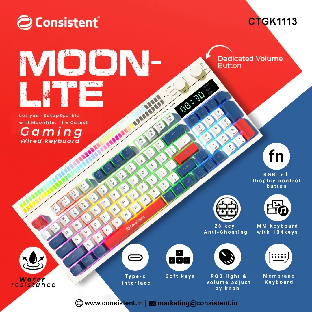 Consistent Moonlite Gaming Wired RGB & Mac Support Keyboard, USB Plug-and-Play, Keystrokes, RGB LED Effect, Stylish Slim Design, Water resistant, Noise free, 26 keys Anit-Ghosting overview 1