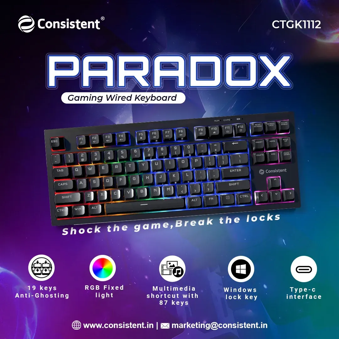 Consistent PARADOX Gaming Wired & Mac Support Keyboard, USB Plug-and-Play, Keystrokes, Rainbow Breath Light, 1.5 Cable Length overview 1
