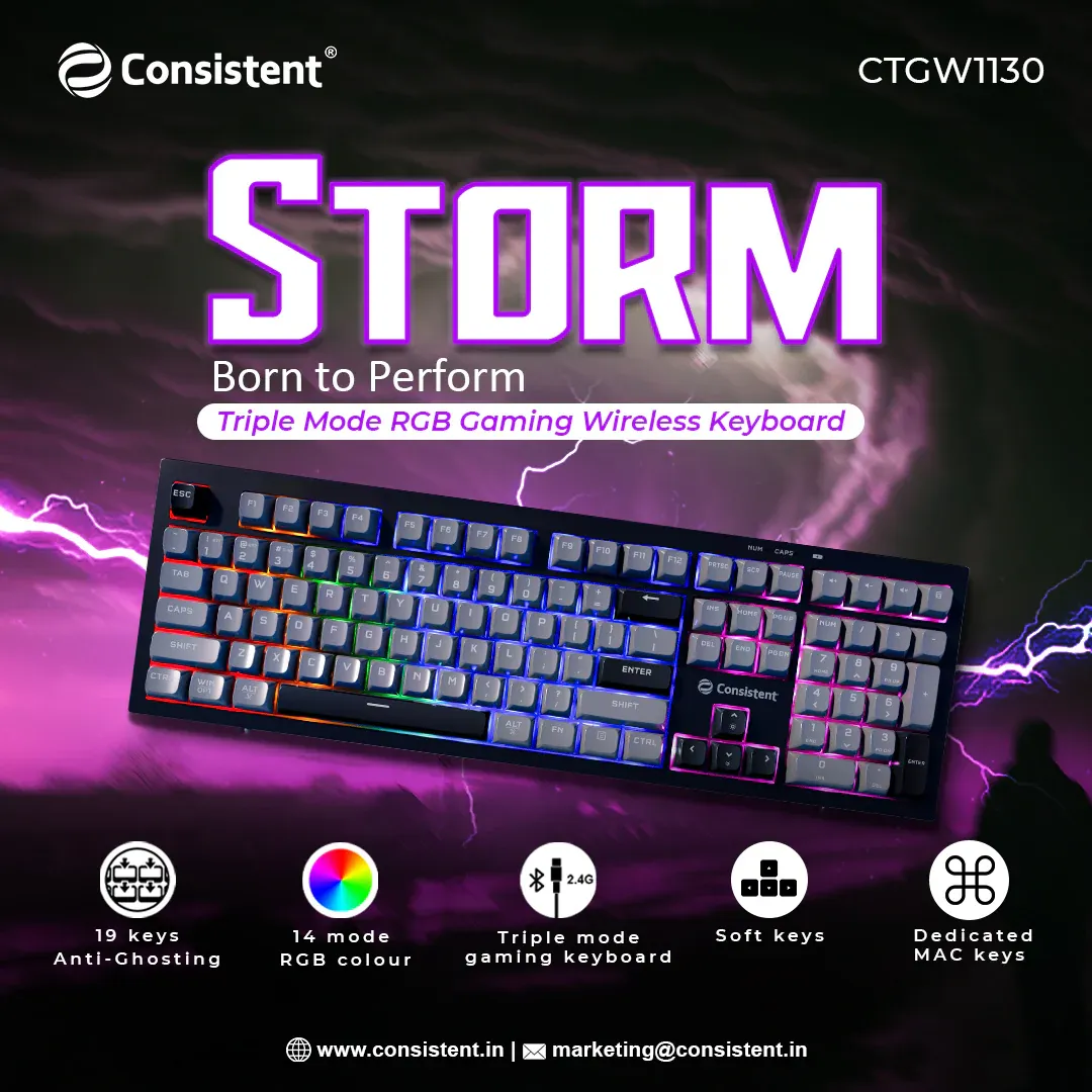 Consistent STORM Gaming Triple Mode Wireless RGB & MAC Support Keyboard for Windows, USB Plug-and-Play, Keystrokes, RGB lighting, Stylish Slim Design, 19 keys Anit-Ghosting overview 1