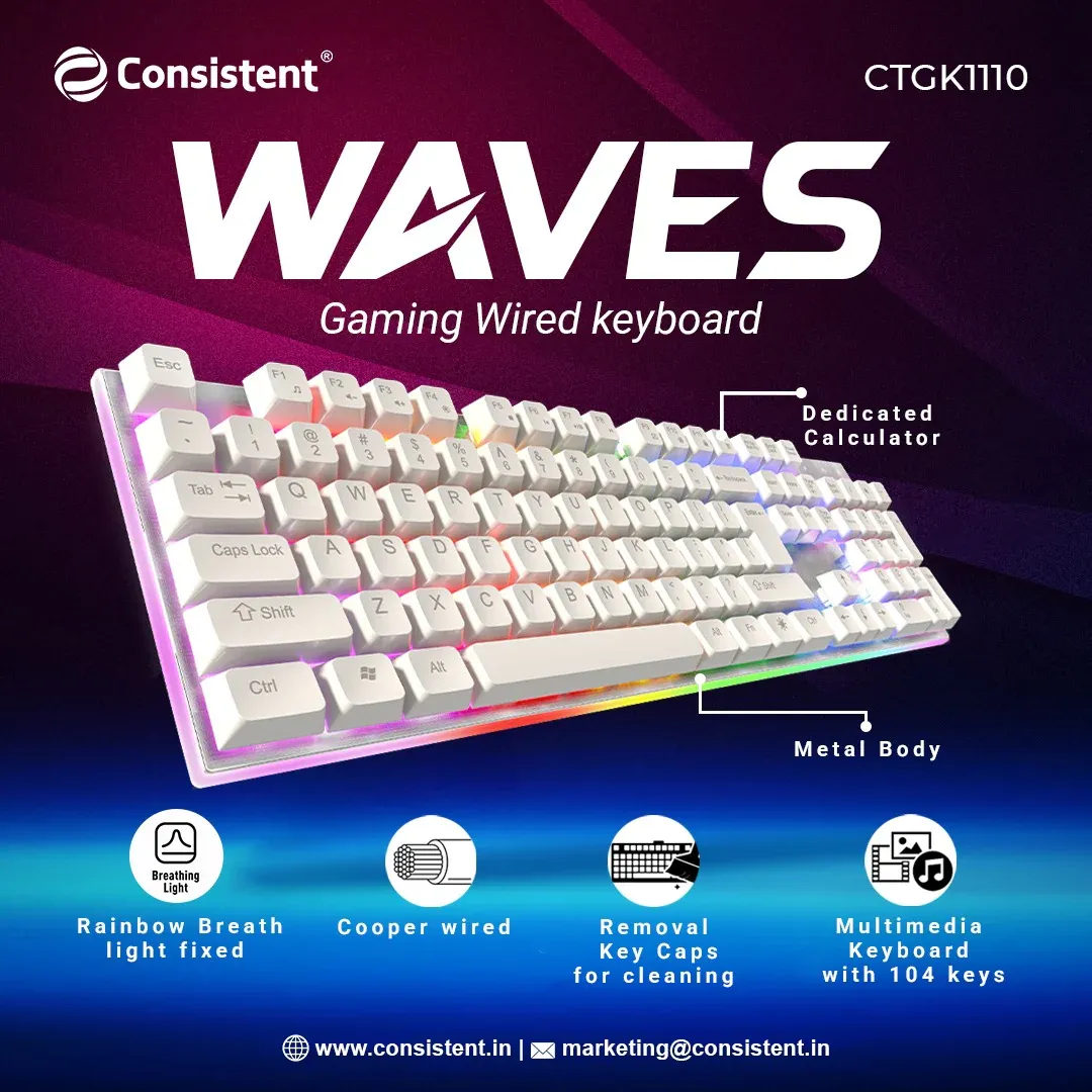 Consistent Waves Gaming Wired & Mac Support Keyboard, USB Plug-and-Play, Keystrokes, Copper Wired, Stylish Slim Design, 1.5m Cable Length overview 1