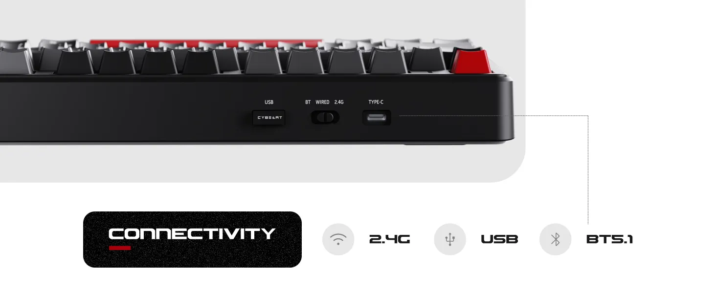 Cybeart Akula 99 - Compact Full Size Wireless RGB Mechanical Keyboard (Signature Edition - Black/Red/Gray) overview 3