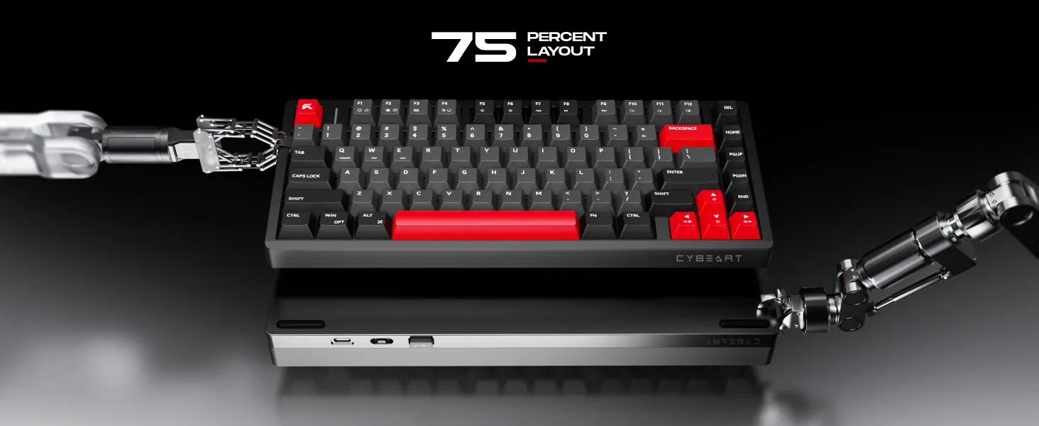 Cybeart X75 Rhino TKL CNC Aluminum Wireless RGB Mechanical Keyboard (Signature Edition- Black/Red/Gray) overview 2