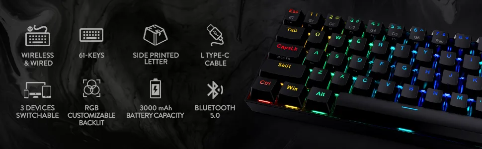 DRACONIC PRO K530 PRO - 60% BLUETOOTH+2.4HZ+WIRED MECHANICAL KEYBOARD (BROWN SWITCH) overview 2