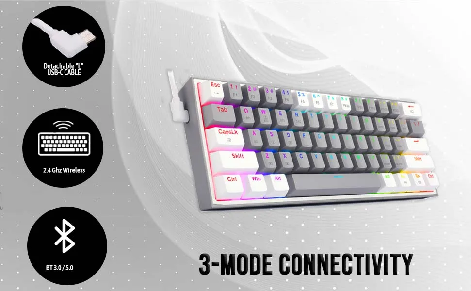 FIZZ PRO K616 - 60% WIRED+2.4GHZ+BT MECHANICAL KEYBOARD GREY AND WHITE (RED SWITCH) overview 3