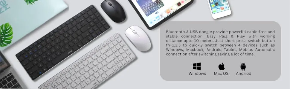 RAPOO 9300M Multi Mode Wireless Keyboard and Mouse Combo (White) overview 2