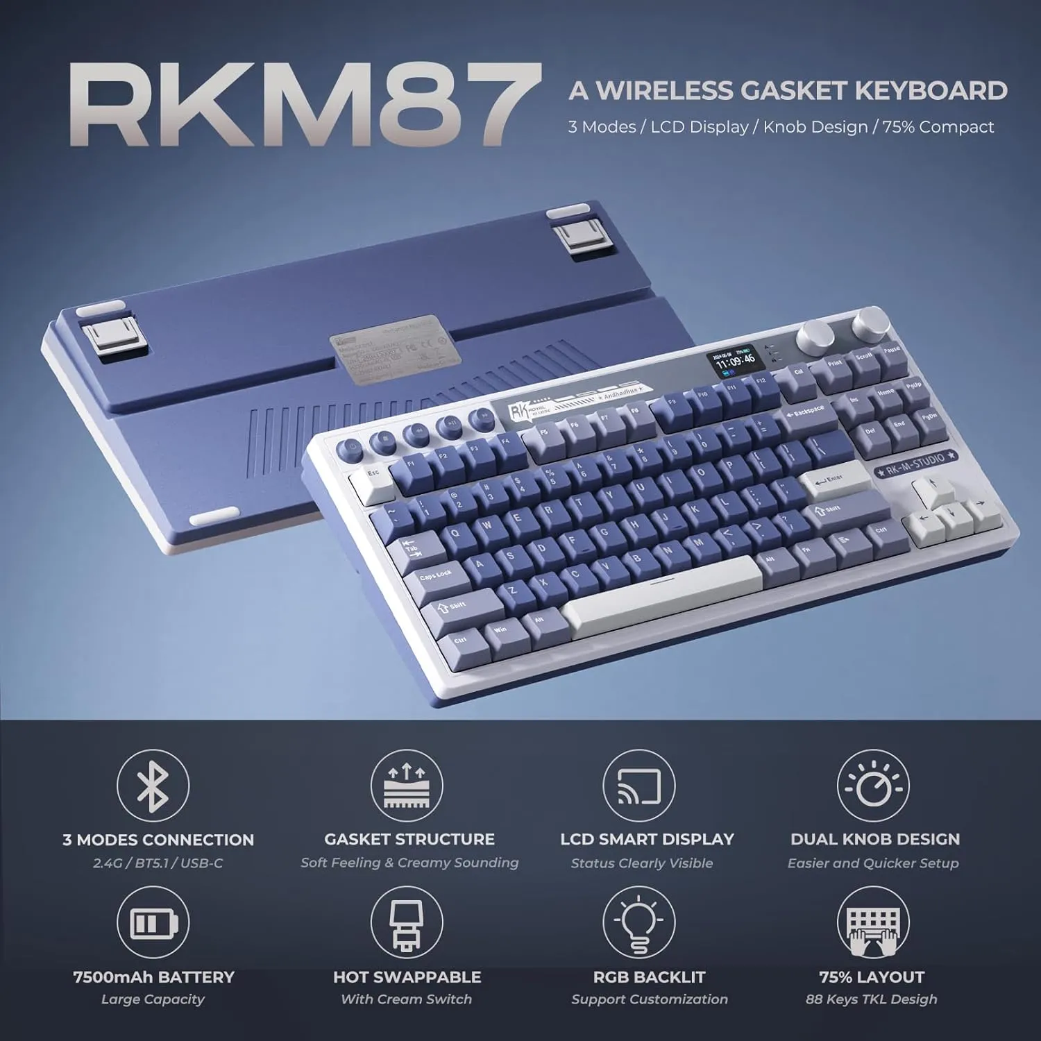 RK ROYAL KLUDGE M87 Wireless Gaming Keyboard Cream Switch - Blue overview 1