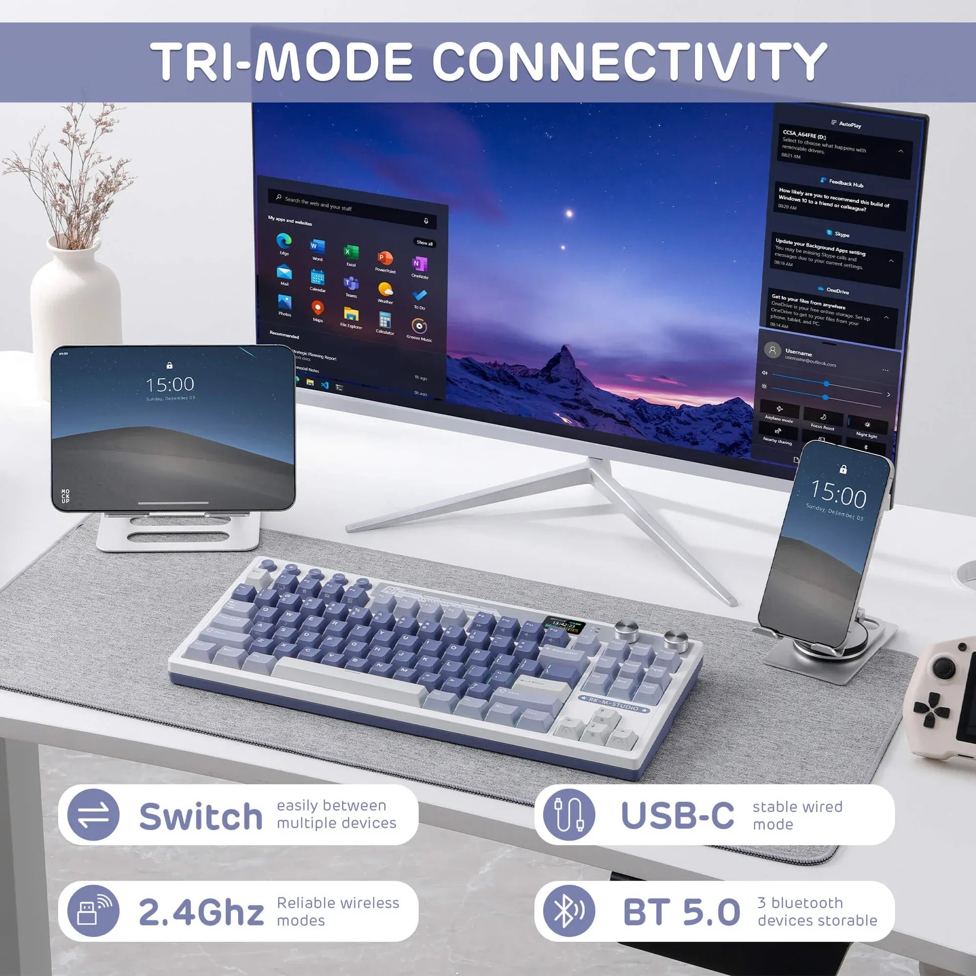 RK ROYAL KLUDGE M87 Wireless Gaming Keyboard Cream Switch - Blue overview 2