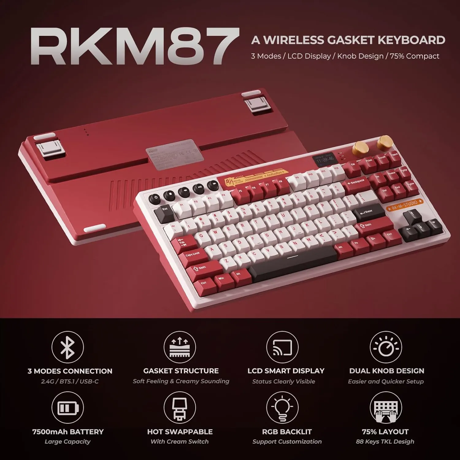RK ROYAL KLUDGE M87 Wireless Gaming Keyboard RED Famicom Cream Switch overview 1