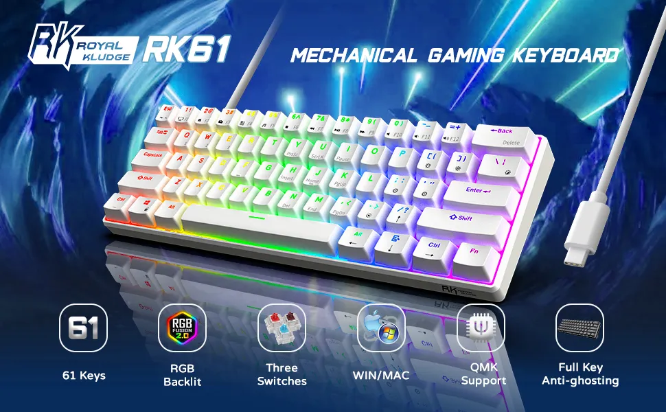 RK ROYAL KLUDGE RK61 Wired 60% Mechanical Gaming Keyboard White Red Switch overview 1