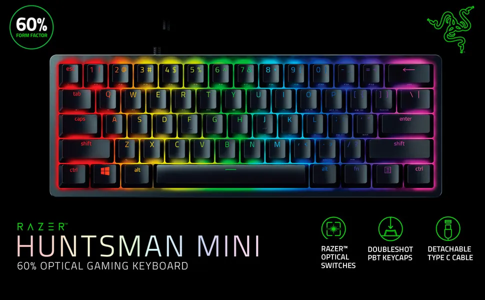 Razer Huntsman Mini Gaming Mechanical Keyboard Clicky Optical Purple Switches Black overview 1