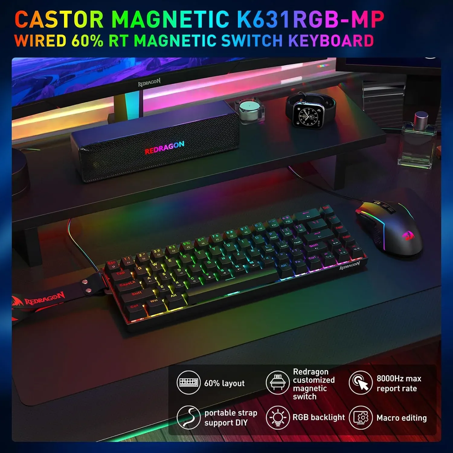 Redragon Castor Magnetic K631 68 Keys Wired Mechanical Keyboard with Strap (Magnetic Switch) overview 1