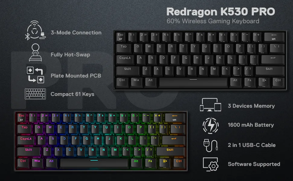 Redragon K530 Pro Draconic 60% Wireless RGB Mechanical Keyboard (Linear Red Switch, Black) overview 1