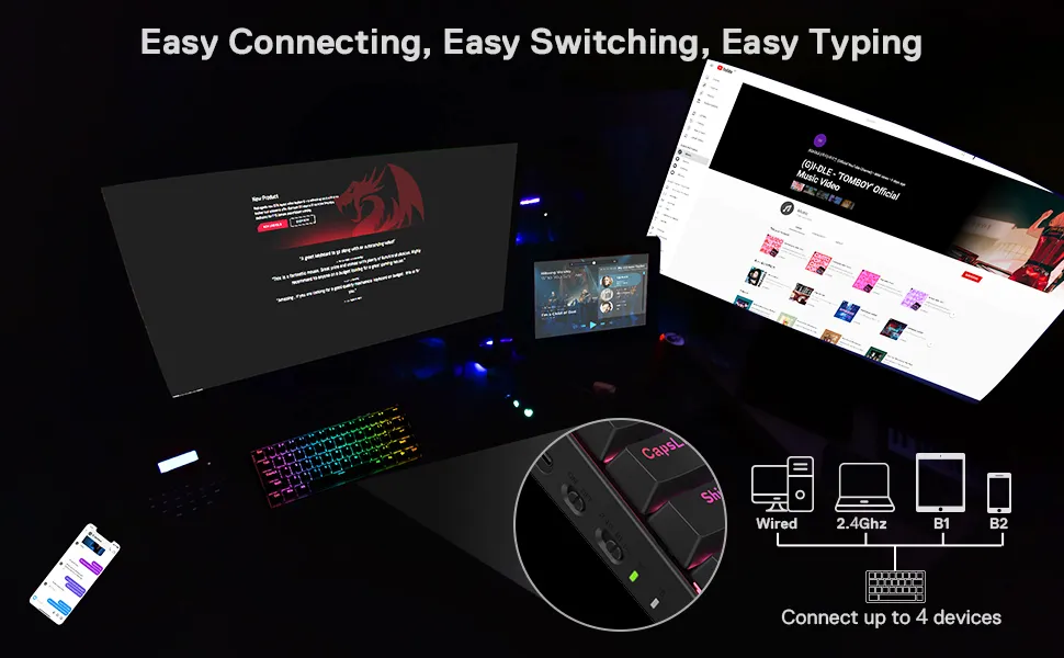 Redragon K530 Pro Draconic 60% Wireless RGB Mechanical Keyboard (Linear Red Switch, Black) overview 2