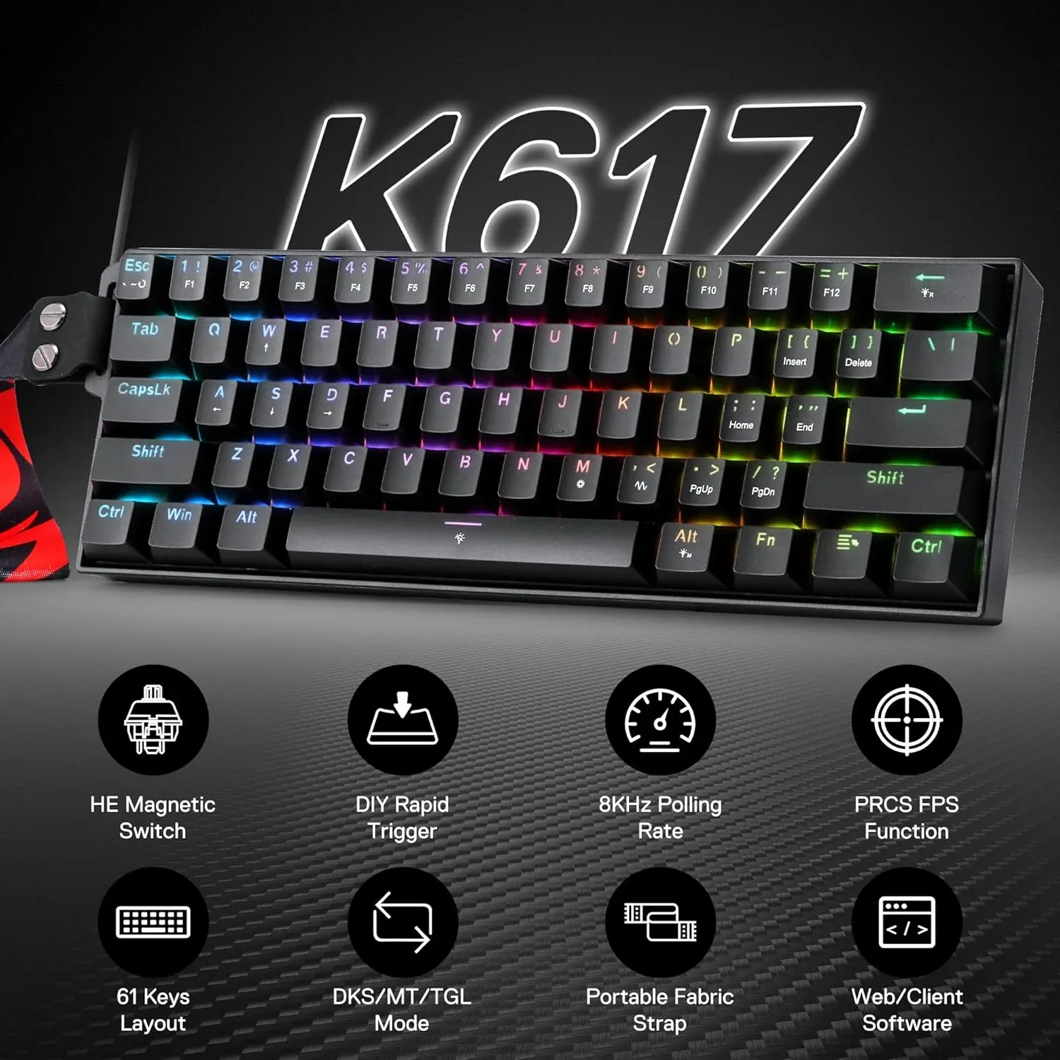 Redragon K617 FIZZ Magnetic Plus 60% Wired Mechanical Keyboard with Strap Black (Magnetic Switch) overview 1