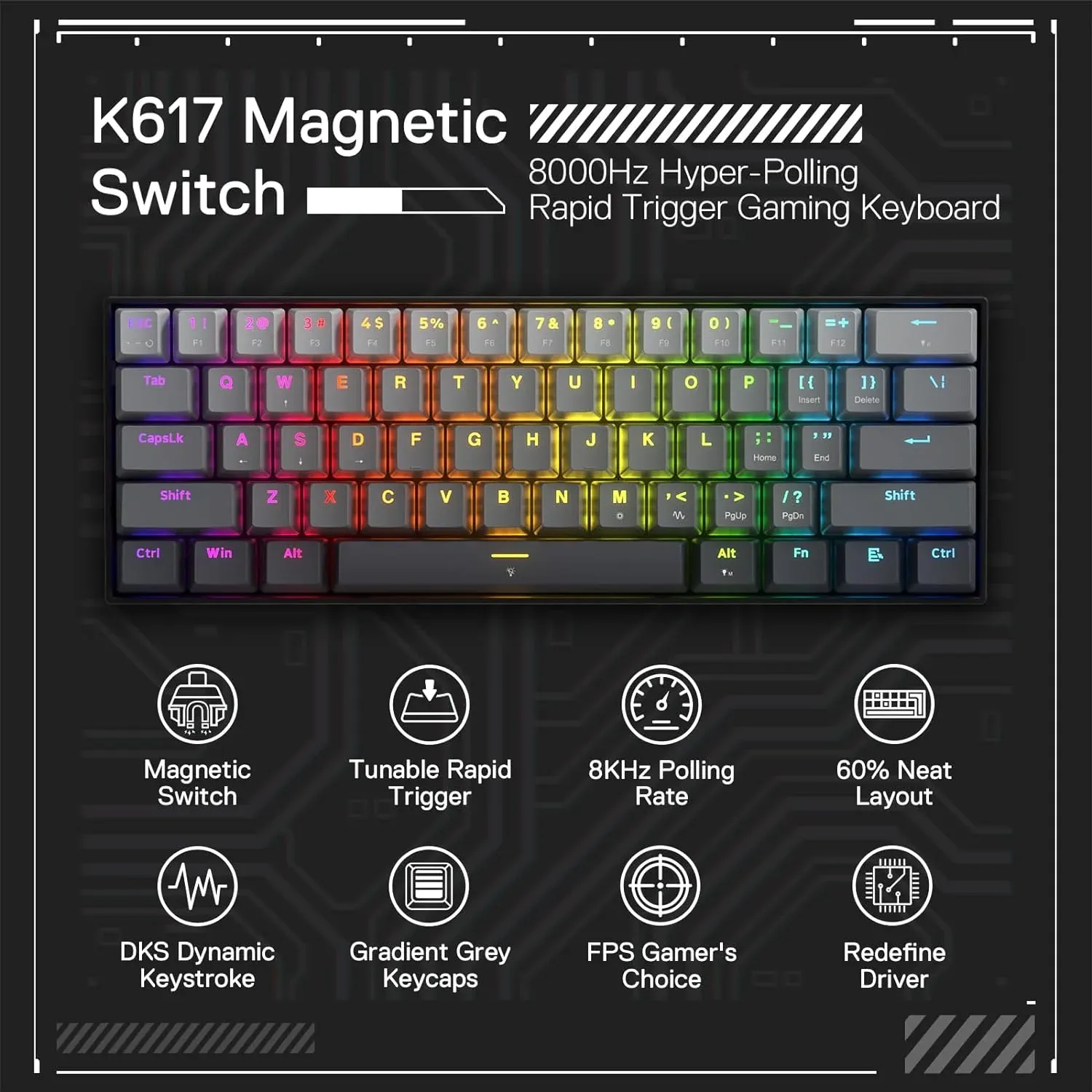 Redragon K617 Rapid Trigger Gaming Keyboard (Misty Grey) overview 1