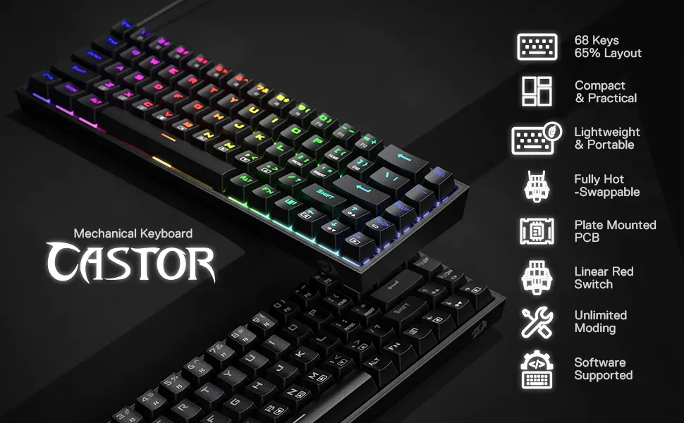 Redragon K631 Castor 65% Wired Mechanical Gaming Keyboard Black overview 1