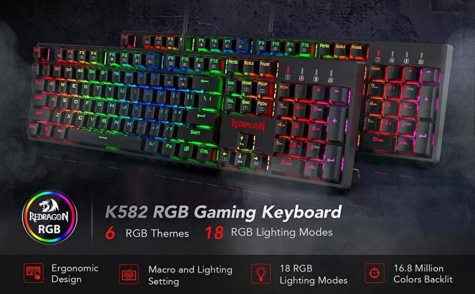 Redragon SU-RARA K582 RGB LED Backlit Mechanical Gaming Wired Keyboard overview 1