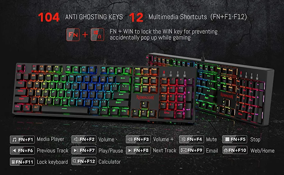 Redragon SU-RARA K582 RGB LED Backlit Mechanical Gaming Wired Keyboard overview 3