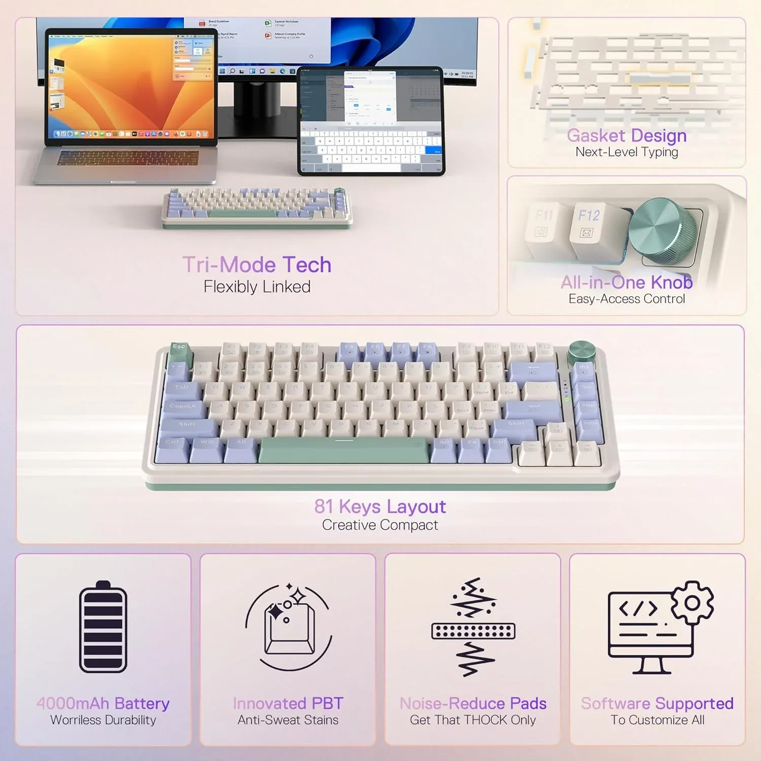 Redragon Ucal Pro K673 65% Wired+2.4Ghz+Bluetooth Mechanical Keyboard Vintage Blue (Linear Red Switch) overview 1